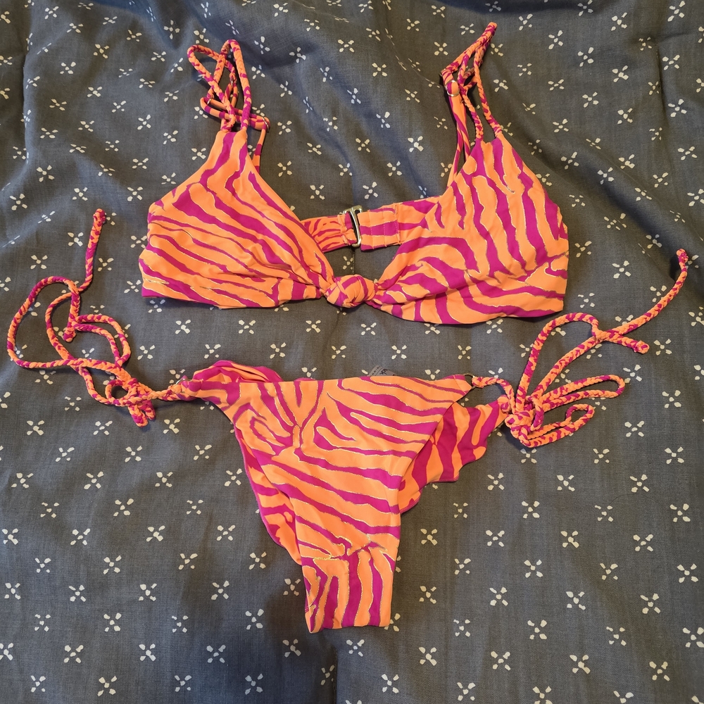 Beach Bunny Pink and Orange Zebra Print Tie-Side Bikini